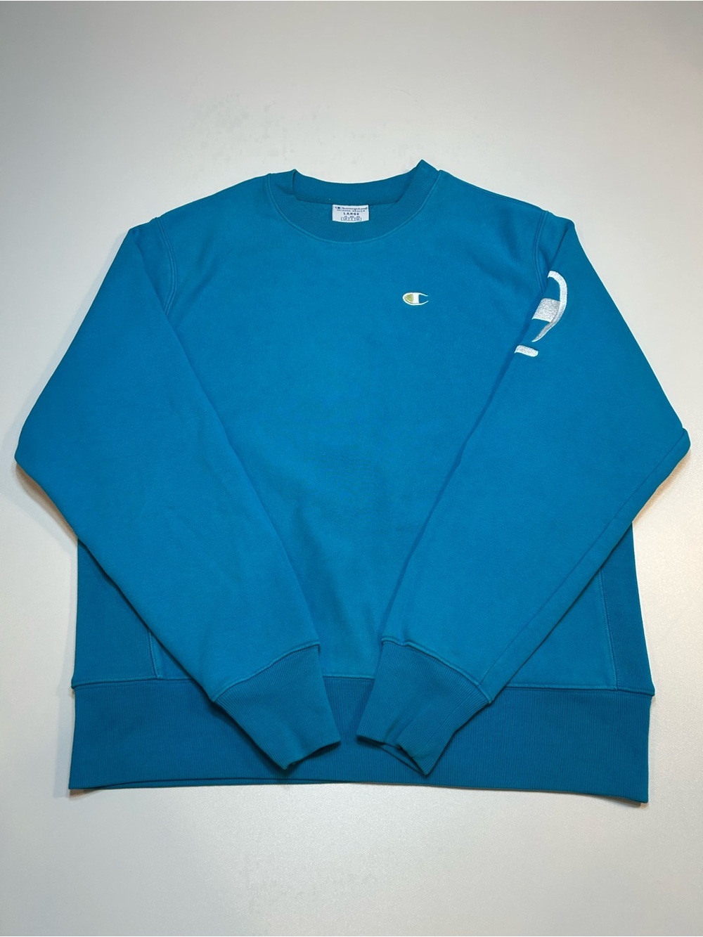 Champion Reverse Weave Teal Blue Crewneck Sweatshirt Graphic Sleeve